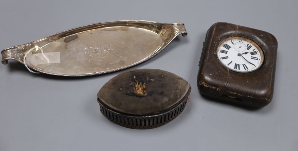 A late Victorian silver snuffers stand, London, 1900, 24.7cm, 4.5oz, pin cushion & watch holder.
